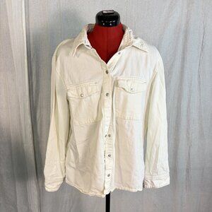 MNG Mango White Button Up Denim Jean Jacket Womens Size 12 Snaps